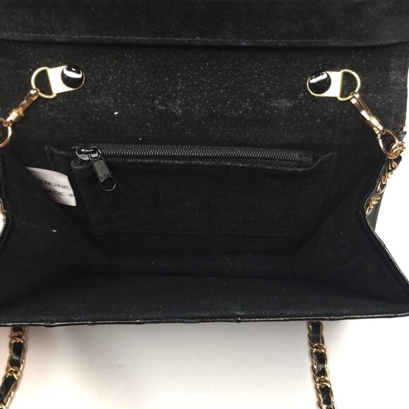 Vintage Genuine Eel Skin Leather Black Evening Purse Handbag Mirror Chain Strap - Picture 4 of 14
